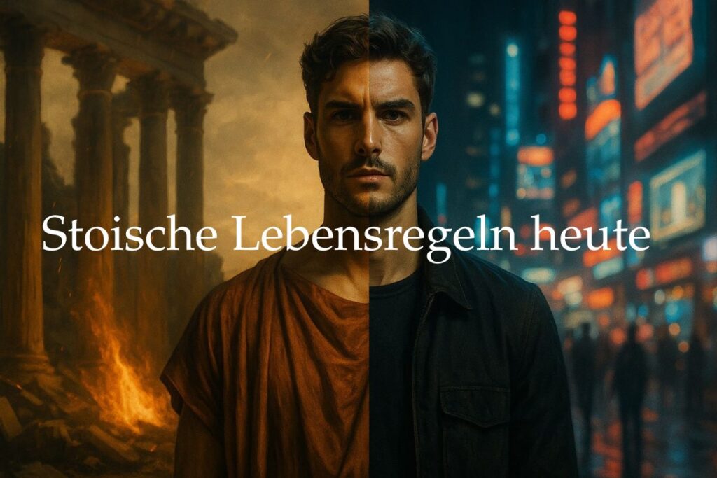 Mann steht zwischen antiken Ruinen und modernem Chaos. Symbolisiert, die moderne Relevanz stoischer Lebensregeln