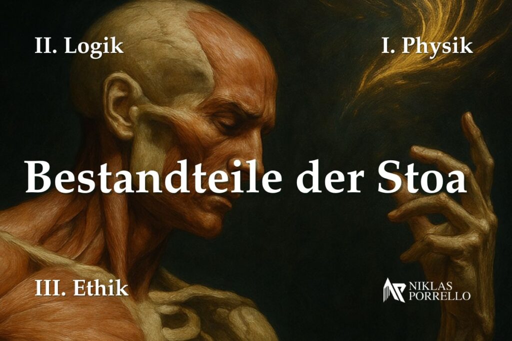 Die 3 Bestandteile der Stoa: Logik, Physik, Ethik. Illustriert als menschlicher Körper. Darstellung nach Metapher von Diogenes Laertios 7.39