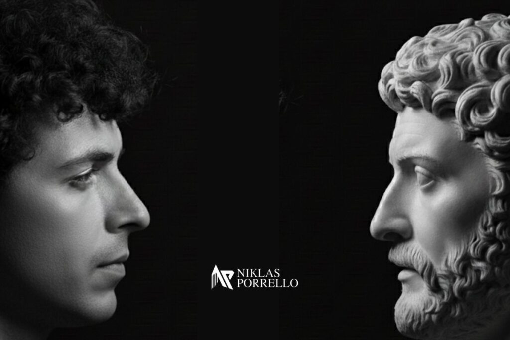 Zwei Männer schauen einander ins Gesicht: Niklas Porrello (der Autor des Artikels) und Marcus Aurelius. Stoischer Lehrmeister.